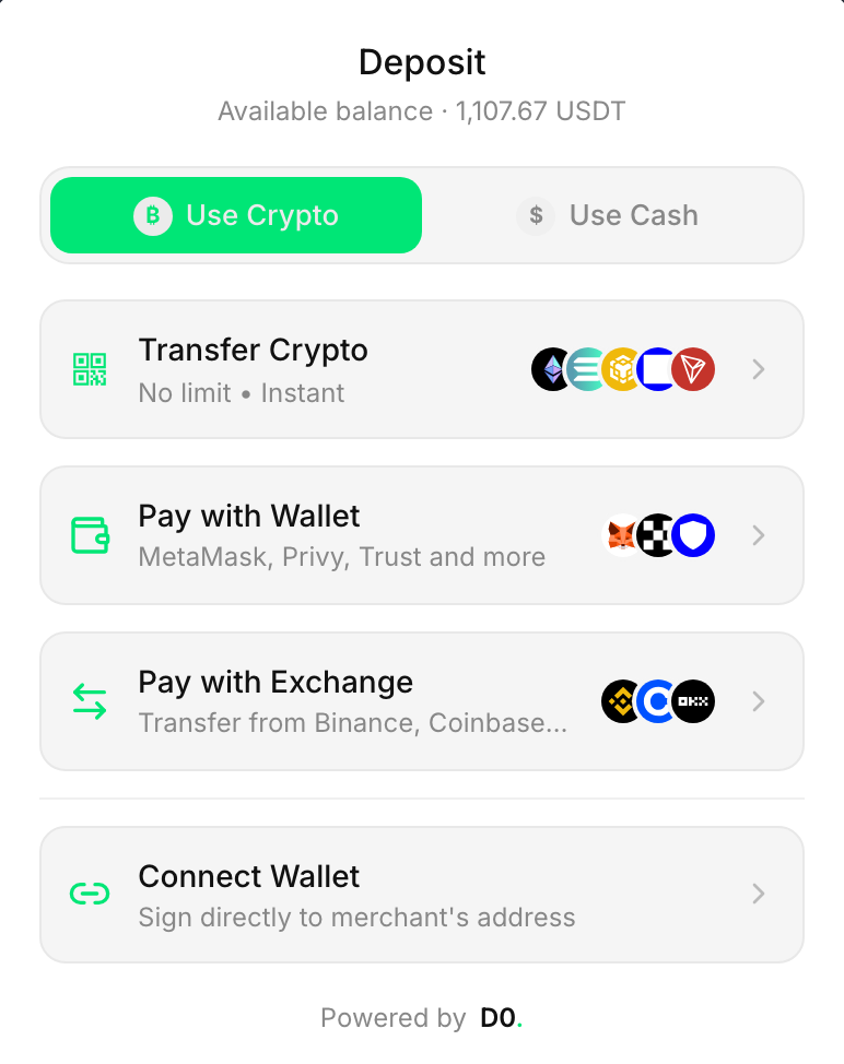 D0 Checkout deposit screen offering crypto transfer, wallet, exchange and fiat options