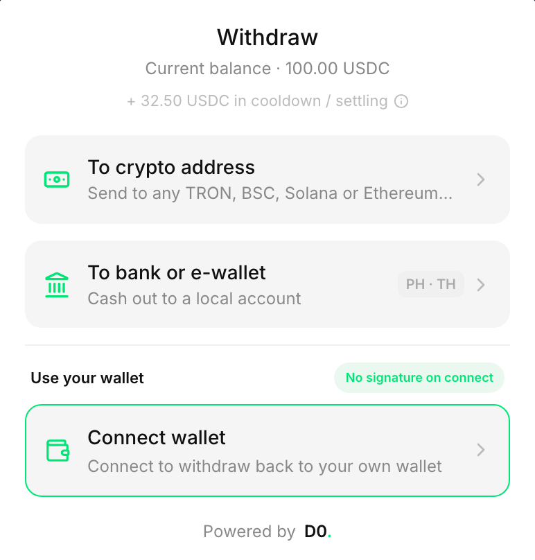 D0 Checkout withdraw screen offering payout to a crypto address or a local bank or e-wallet